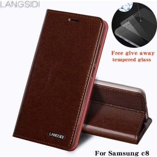 Luxury For Samsung c8 phone case Oil wax skin wallet flip Stand Holder Card Slots leather case to send phone glass film