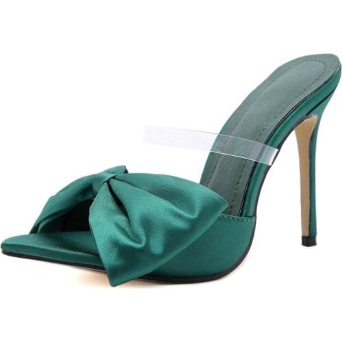 New Silk Butterfly-knot Women Slippers Mule High Heels Slippers Sandals 2021 Flip Flops Pointed Toe Strappy Slides Party Shoes