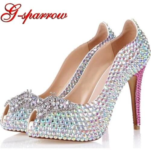 Super High Heel AB Crystal Wedding Shoes Rhinestone Bling Bling Bride Party Shoes Peep Toe Anniversary Ceremony Shoes Plus Size