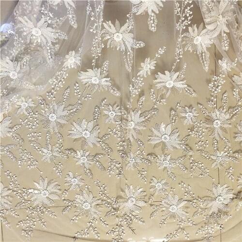 Beaded &sequin flower fabric embroidery decorative fabric lace ivory for dress