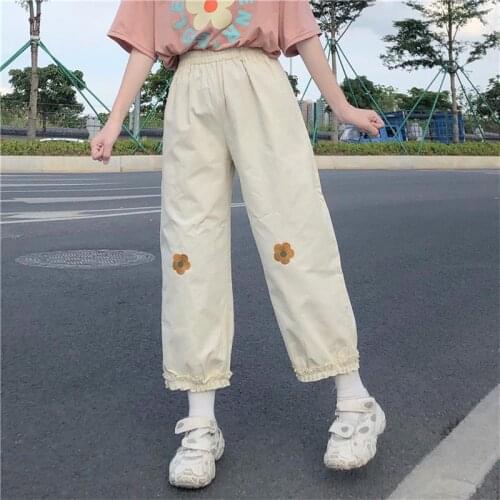 Japanese Kawaii Women Soft Girl Pants Loose Thin Cartoon Floral Embroidery Pants Elastic Waist Casual Ruffles Cute Straight Pant