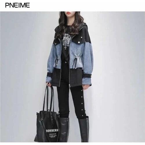 Spring New Plus Size WomenS Denim Jacket Cardigan Woman High Street Stitching Jacket Hooded Windbreaker Personality Top
