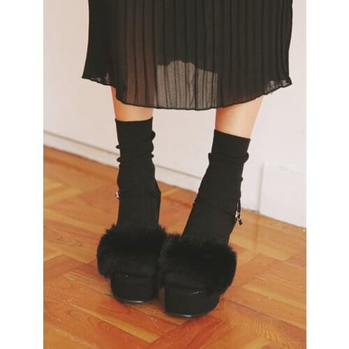 2018 Summer Hot Black Faux Fur Patchwork Women High Platform Sandals Ankle Buckle Ladies Sexy Wedge Heel Sandals Peep Toe