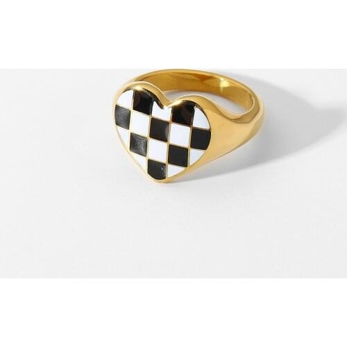 Black And White Checkerboard Grid Heart Shape Rings For Women 18k Gold Plated Stainless Steel Ring Jewelry