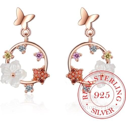 925 Sterling Silver Piercing Round Crystal Flower Charm Drop Earrings for Women Girls Wedding Party Gift Femme Jewelry