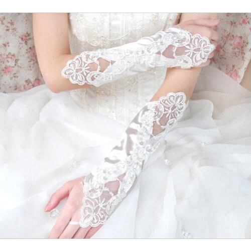 Woman Wedding Gloves Fingerless For Bride Elbow Length Long Black White/Ivory Lace Appliqued Beaded Bridal Party Accessories