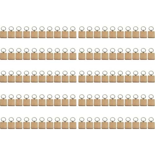 100Pcs DIY Blank Wooden Key Chain Square Carved Key Ring Wooden Key Ring About 40 x 40 mm