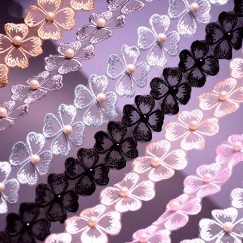 40Yards Pearl Flowers Lace Trim Mesh Tulle 3cm Width Patch Applique Embroidered Fabric DIY Patchwork Ribbon Sewing Red Pink