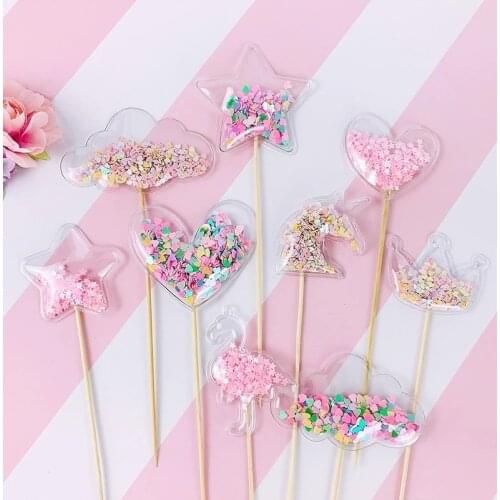 5Pcs Bling Colorful Shiny Sequins Bubble Cake Toppers PVC Star Heart Crown Unicorn Mermaid Cake Decorating for Wedding Birthday