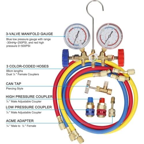 AC Gauges Automotive AC Gauge Set for R12 R22 R404A R134A 3 Way AC Manifold Gauge Set with Hoses Couplers & Adapter Refrigerant