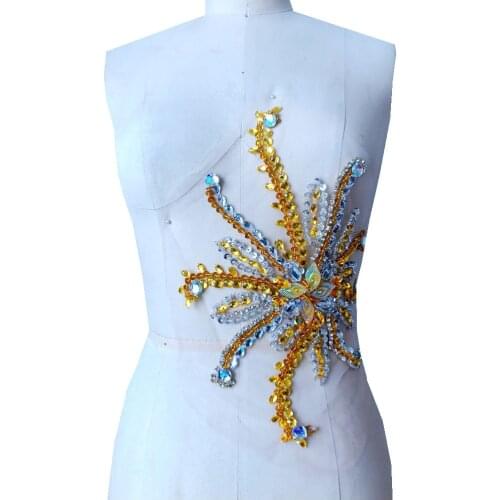 Handmade white Hot drilling Rhinestone pearl lace embroidery patch applique wedding dress bordados DIY Performance clothing