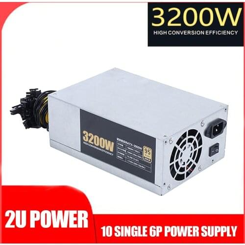 3200W ETH Mining Machine Power Supply 2U Single Power Supply 10 x 6pin 95% Efficiency Support Multi-GPU For Bitcoin Mining