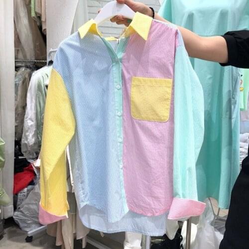 Patchwork Color Women Shirt Casual Loose Fashion Korean Girls Long Sleeve Blusas 2021 New Blouses Dropshipping Fashion