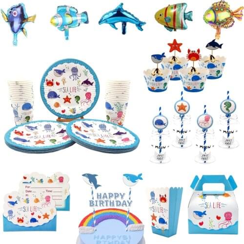 For Kid Birthday Sea Life Marine Animal Party Supplies Disposable Tableware Plate Cup Straw Candy Box Hat Invitation Balloon