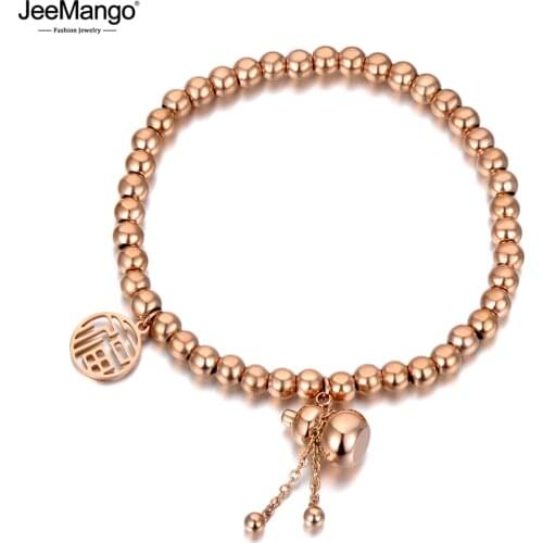 JeeMango Ethnic Chinese Style Stainless Steel Good Luck & Gourd Charm Bracelets For Women Rose Gold Beaded Bracelet JB20138