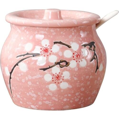 Spice Box Plum Pattern Ceramic Salt Shaker Household Seasoning Jar with Lid Salt Household Combination Kitchen Supplies