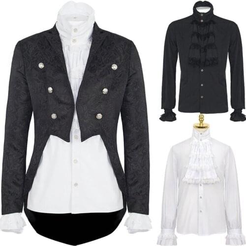 Halloween Costume Medieval Victorian Stand Collar Long Sleeves Mens Shirt Steampunk Tops Vintage Gothic Tail Coat Jacket Tuxedo