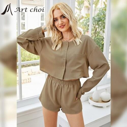 Summer Two Piece Set Tracksuit Casual Outfit Suits Women Button Shirt Blouse Tops Ice Silk Knit Shorts Pants Loose 2 Piece Sets