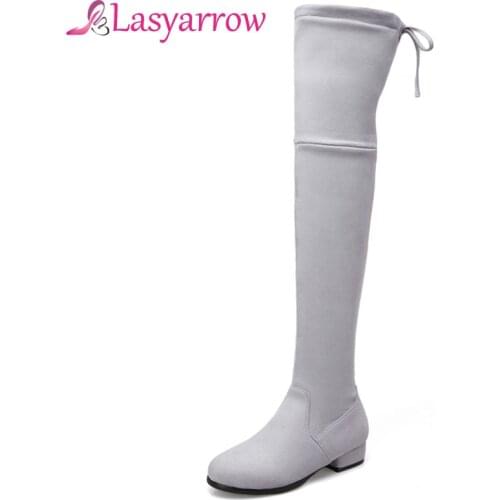 Lasyarrow2018 New Autumn Round Toe Thick Bottom Over the Knee Boots Low Square Heel Thigh High Boots Lace Up Stretch Botas Mujer