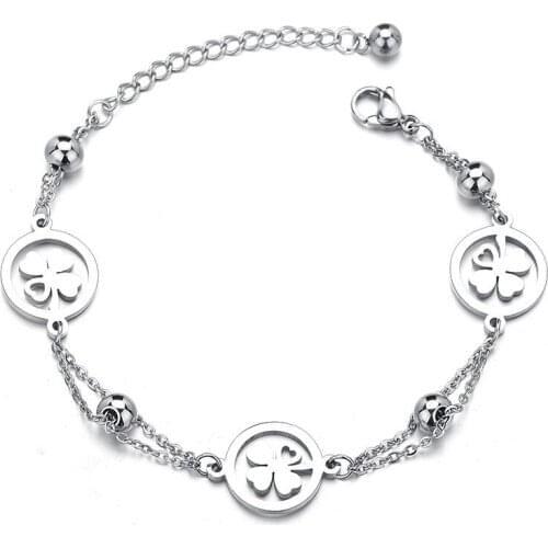 Fashion simple plum blossom sentiment lucky bead bracelet double-layer chain stainless steel charm ladies natural anklet jewelry