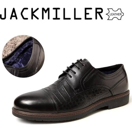 Jackmiller Top Brand Winter Mens Dress Shoes Wool Lining Cow Leather Men Shoes Lace-Up Office Shoes Men Basic Black Big Size