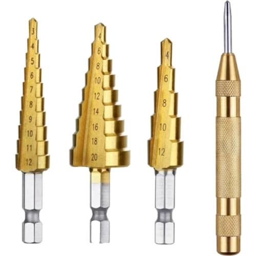3-12/4-12/4-20mm Hex Shank Step Drill Bit Set HSS Titanium Coated Wood Metal Hole Cutter With Automatic Center Punch