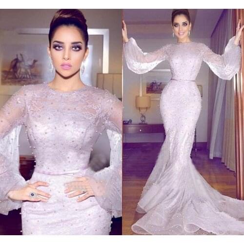 2020 Newest Arabic Mermaid Formal Dresses Evening Dress Long Sleeve Full Lace Pearls Prom Gowns Plus Size Prom Dresses