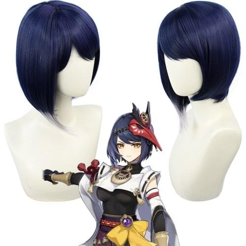 Genshin Impact Kujou Sara Cosplay Wig Crowfeather Kaburaya Cosplay Short Dark Blue Gray Girls Hair Inazuma + Wig Cap Accessories