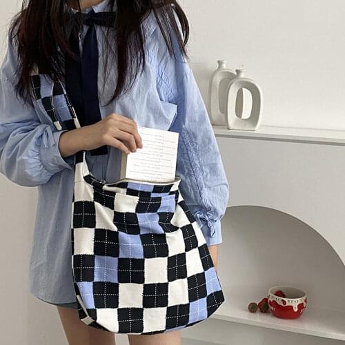 Retro Plaid Women Shoulder Bags Contrast Color Simple Girl Student Canvas School Bags Large Capacity Ladies Shopping Handbags