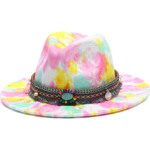 2021 fedora hats tie dye print wide brim jazz cap multicolor red green felted hats men women spring winter vintage women hats