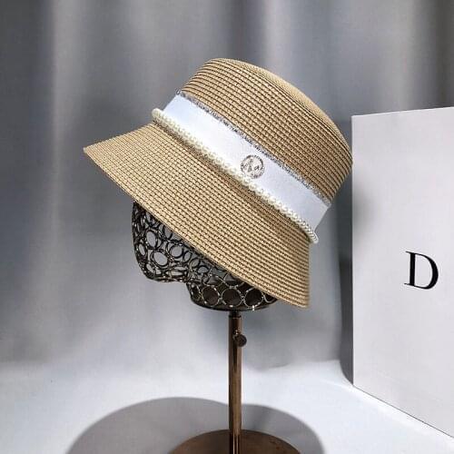Sun Hats For Women Fashion Pearl Straw Hat Female Dress Hat Womens Summer Caps Vacation UV Beach Hat Flat Top Hat