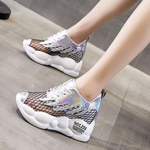 Inner increase womens casual sports shoes summer new fashion net yarn breathable 8cm thick-soled womens shoes large size 35-40