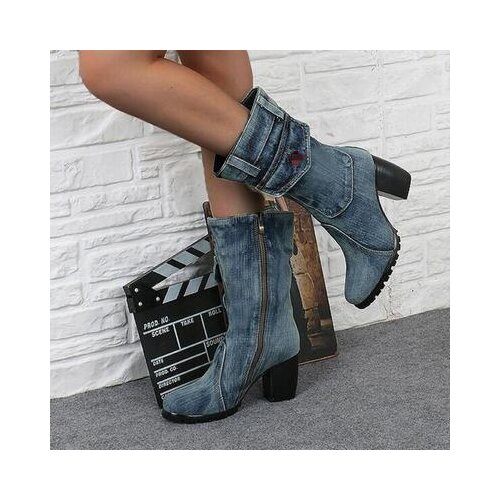 Blue jeans boots Womens Mid-rise Rome Solid Slip-On Chunky Med Heels Boots wild vintage Large Size Ladies shoes