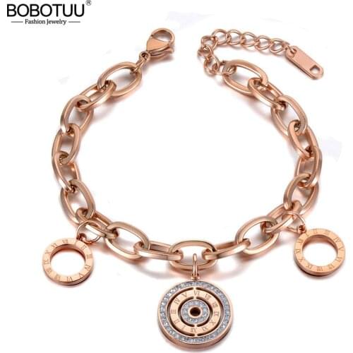 BOBOTUU Trendy CZ Crystal Roman Numeral Bracelet Bangle For Women Stainless Steel Chain Bohemia Summer Beach Jewelry BB19122