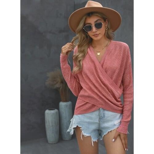 Cross v-neck sweater women autumn winter new style solid color sexy long-sleeved ladies knit sweater