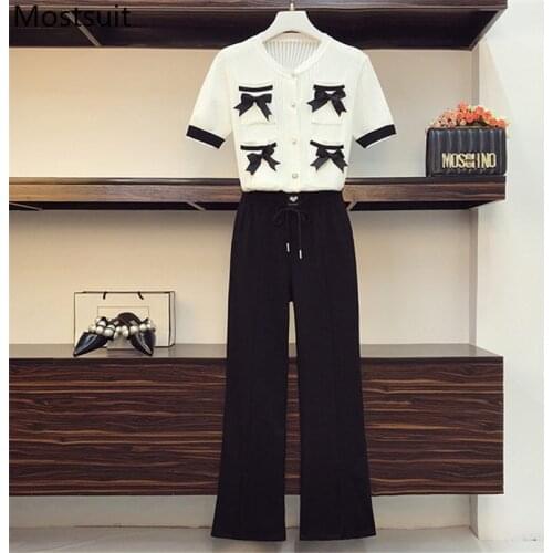 Vintage Knitted Two Piece Set Women Summer Bow Cardigan + Splitting Wide-leg Pants Matching Set Korean Elegant Fashion Set 2021