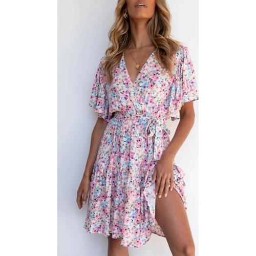 Floral Print Short Sleeve Summer Dress for Women Boho Beach Style Mini Dress Vintage Flower Sundress French Dress with Belt