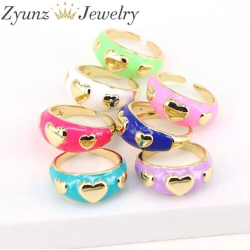 10PCS, Neon Enamel Heart Women Ring Gold Color Wedding Engagement Adjustable Rings