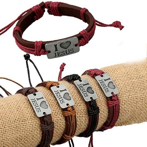 2020 Unisex "I LOVE JESUS" Faux Leather Bangle Hemp Rope Chain Adjustable Bracelet ASB8