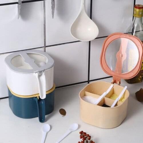 4 In 1 Plastic Seasoning Box with Spoons Clear Cover Multi Compartment Herb Spice Jars Pots Condiment Storage Container