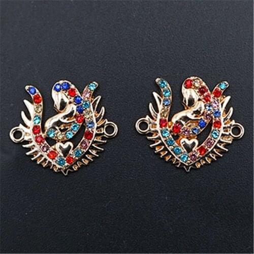 WKOUD 6pcs KC golden Handmade Rhinestone Phoenix Feather Charm Vintage Bracelet Necklace DIY Metal Jewelry Alloy Connectors