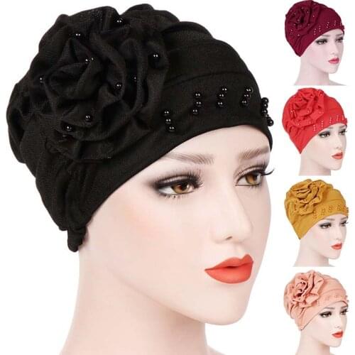 Flower Beads Decor Jersey Inner Hijab Women Chiffon Easy Cap Elastic Headband Turban Chemo Hat Muslim Fashion Hair Accessories
