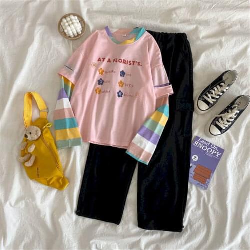 Fake Two Piece Set Women Overalls Student Korean Loose 2021 New Tshirt Pants Set Autumn Casual Japan Style Full