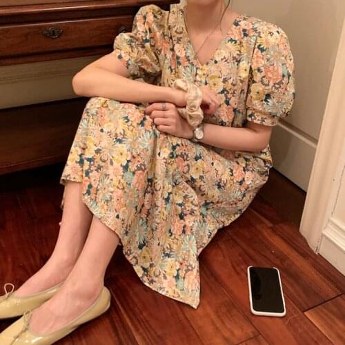 Korean One-Piece Dress Fashion Office Ladies Dresses 2021 Summer New Elegant Loose V-Neck Puff Sleeve Stitching Mermaid Dresses