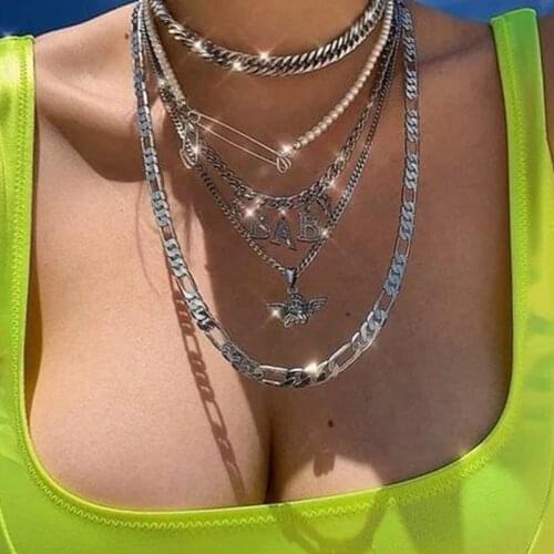 Y2K Multi Layer Angel Pin Letter Pendant Necklace For Women Metal Cool Charm Hip Hop Punk Pearl Choker Necklace Jewelry Gifts