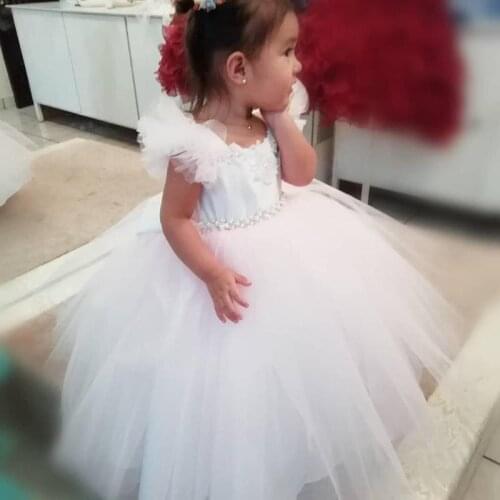 Infant Girl Clothes Pearls Bow White Tulle Baptism Dress Baby Girls Party Princess 1 Year Birthday Outfits
