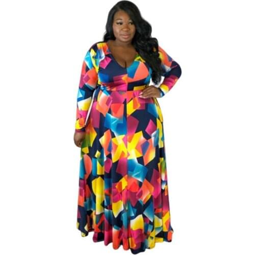 Autumn Woman Sexy Dresses V Neck A Line High Waist Maxi Vintage Dress Long Sleeve Plus Size Women Dress Wholesale Dropshipping