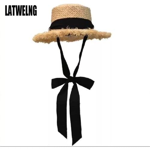 Wholesale STAR Parent-child Panama Hats For Women Wide Large Brim Beach Sun Hats With Fashion Long Belt Visor Hat Raffia Straw