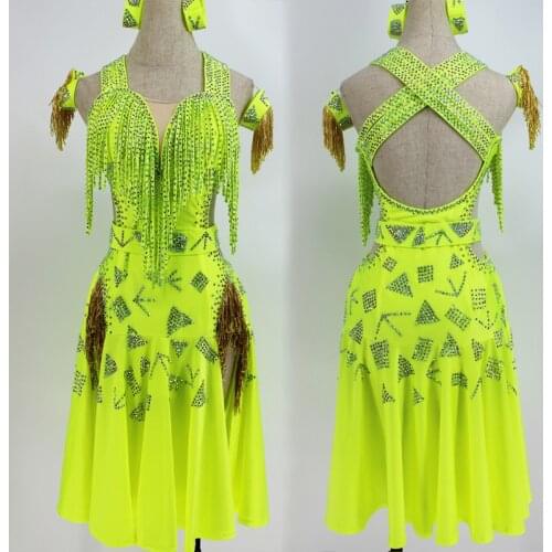 Latin Dance Dress Competition Costume Sparkly Rhinestone Fringed Dress Women Latin Performance Dress Women Custom Girls BL4513