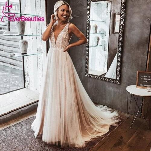 Vestido De Noiva 2020 Wedding Dresses V-Neck A-Line Chiffon Appliques Backless Beach Plus Size Wedding Gown